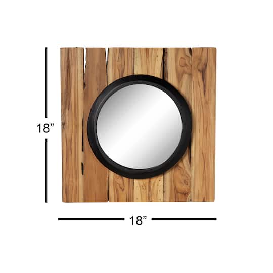 Set of 4 Brown Teak Wood Rustic Floral Wall Mirror, 18" x 18"